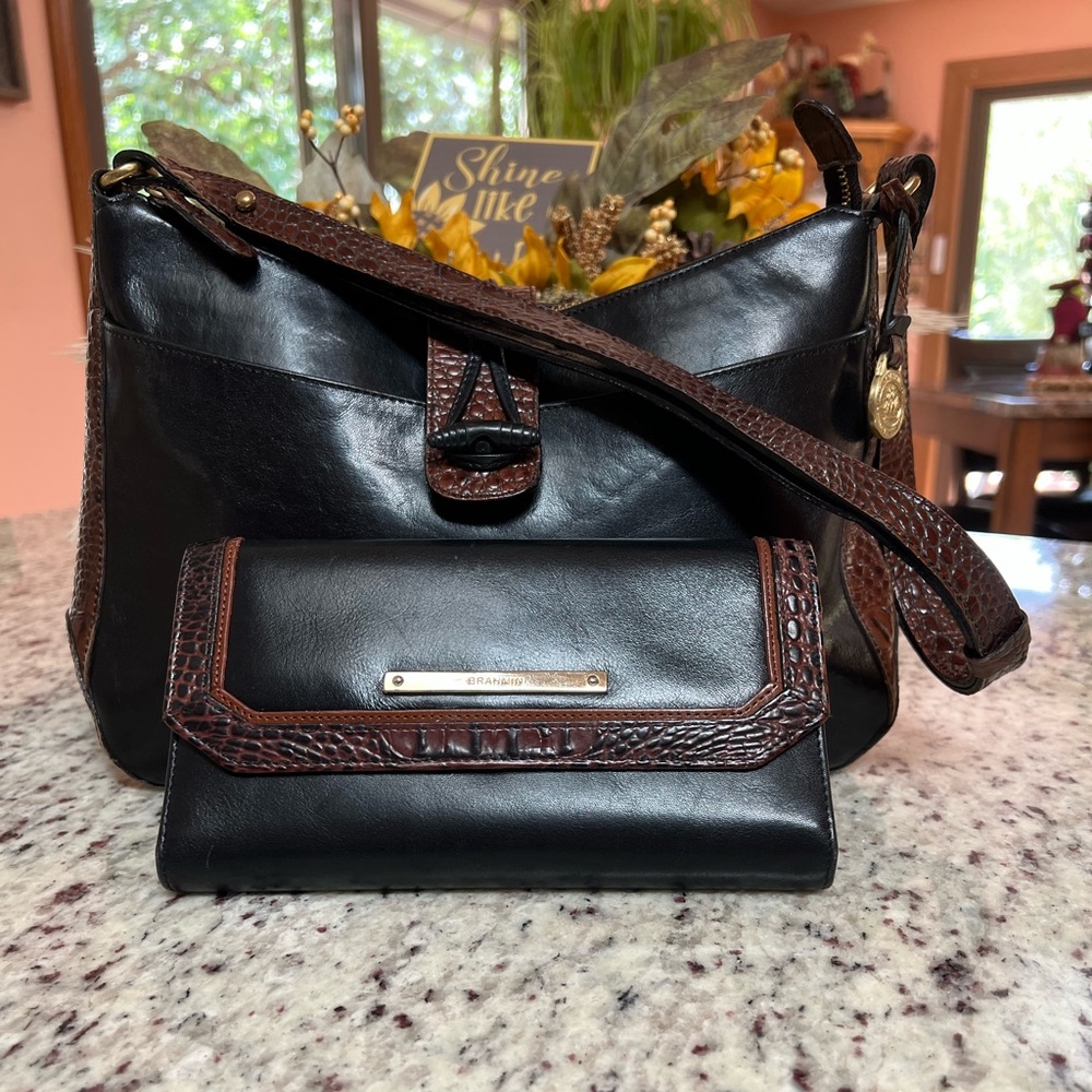 Brahmin Black and Brown Shoulder Bag with Wallet
